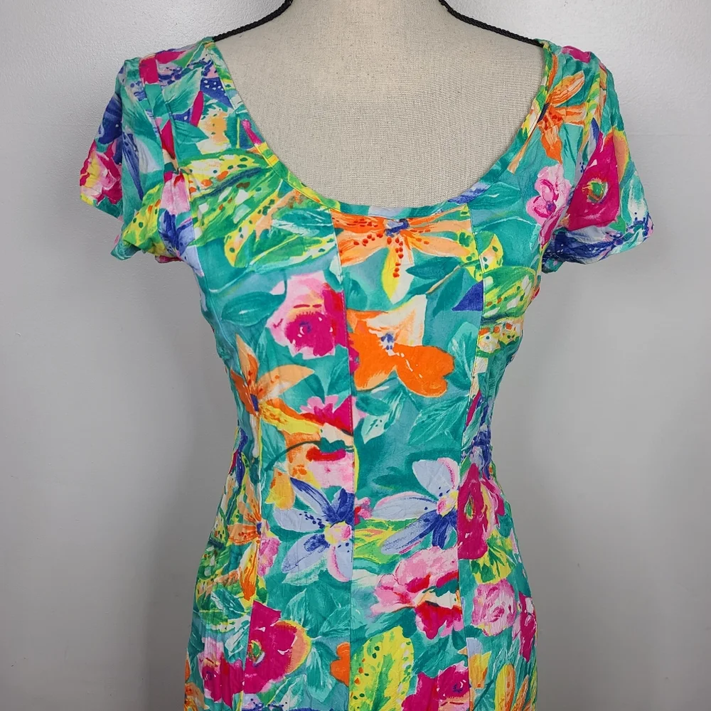 Vtg 80's/90's Jams World Bright Floral Tropical Print Back Tie Sash Midi Dress S - Picture 6 of 14